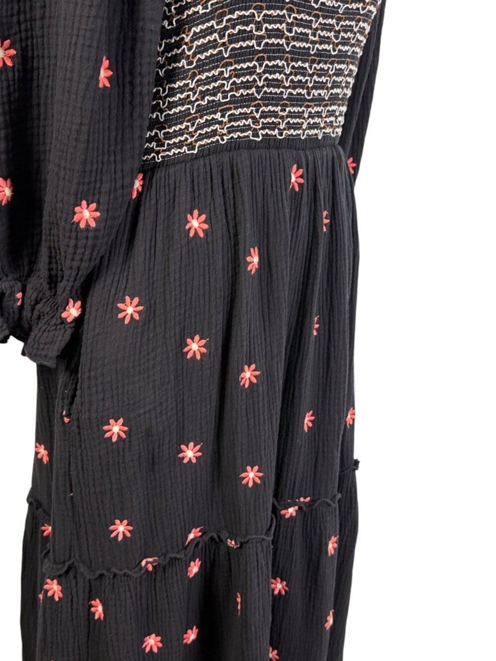 Boutique Style Black Smocked Midi Dress Pink Embroidered Floral Cottagecore M - Picture 12 of 14